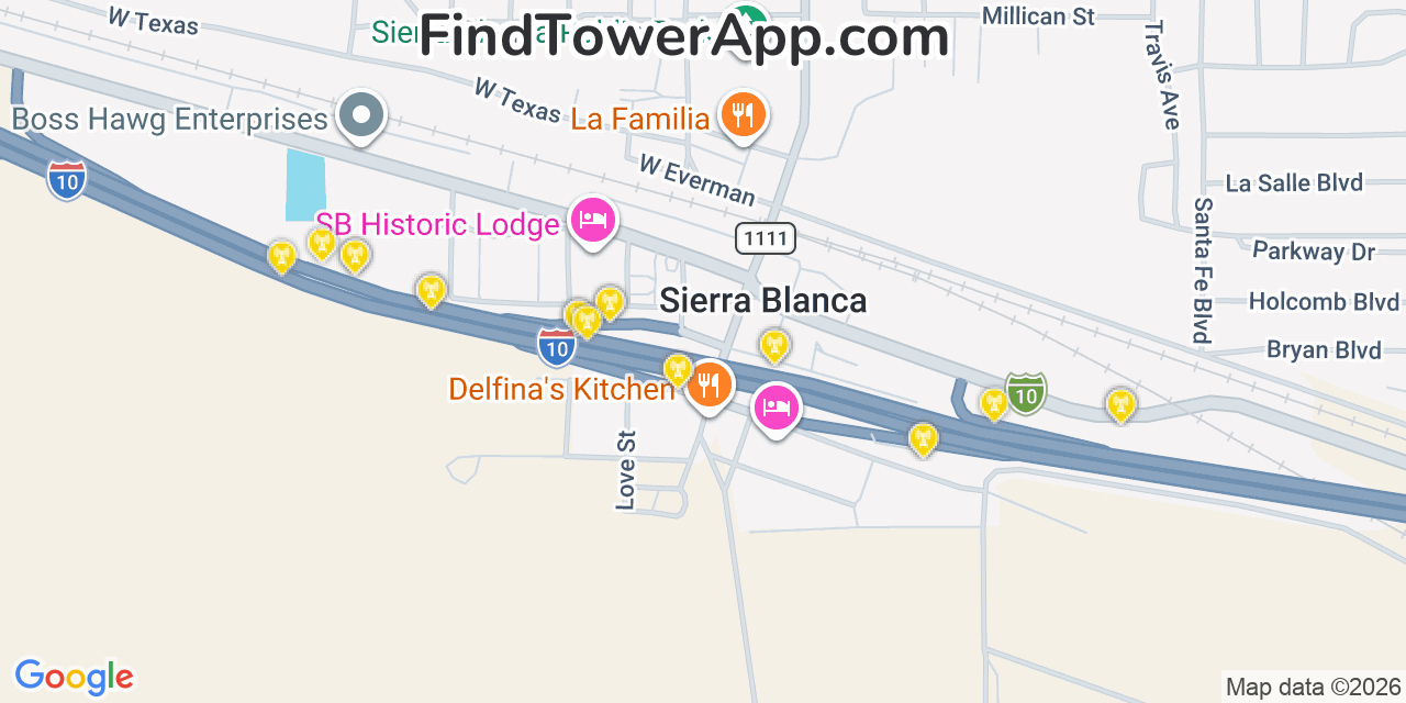 Map showing the 20 primary cell tower locations detected in Sierra Blanca, Texas from AT&T, Verizon, and T-Mobile networks