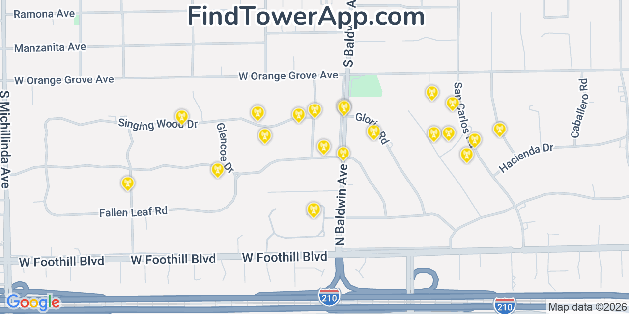 Map showing the 20 primary cell tower locations detected in Sierra Madre, California from AT&T, Verizon, and T-Mobile networks
