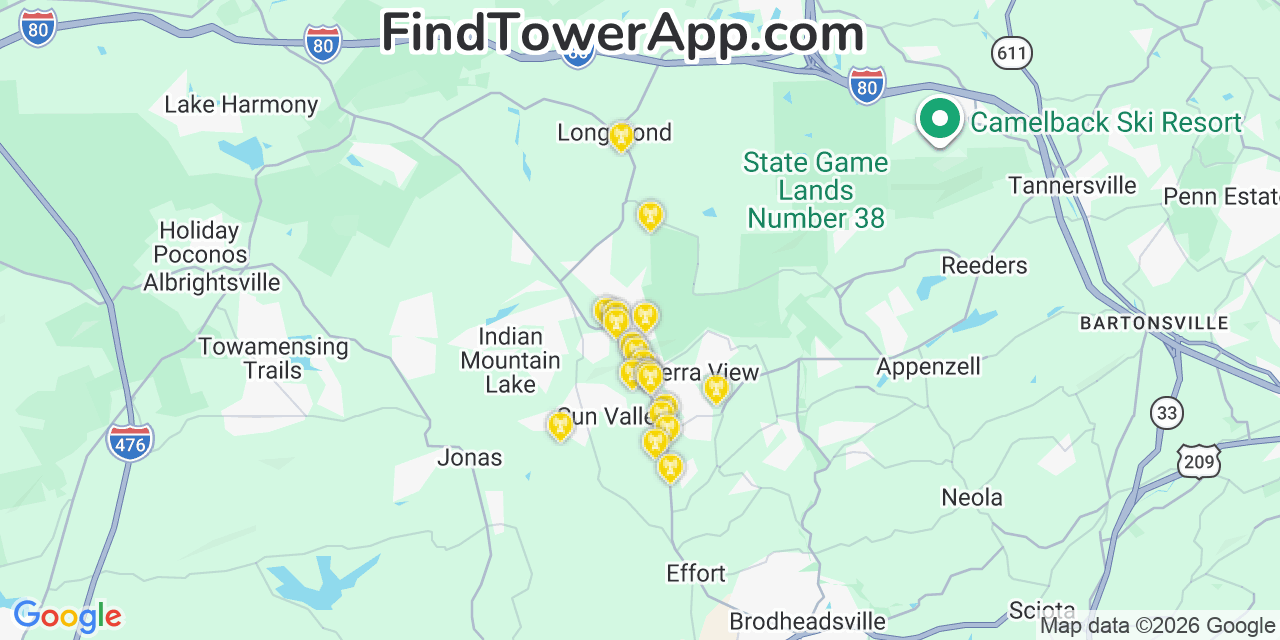 Map showing the 20 primary cell tower locations detected in Sierra View, Pennsylvania from AT&T, Verizon, and T-Mobile networks
