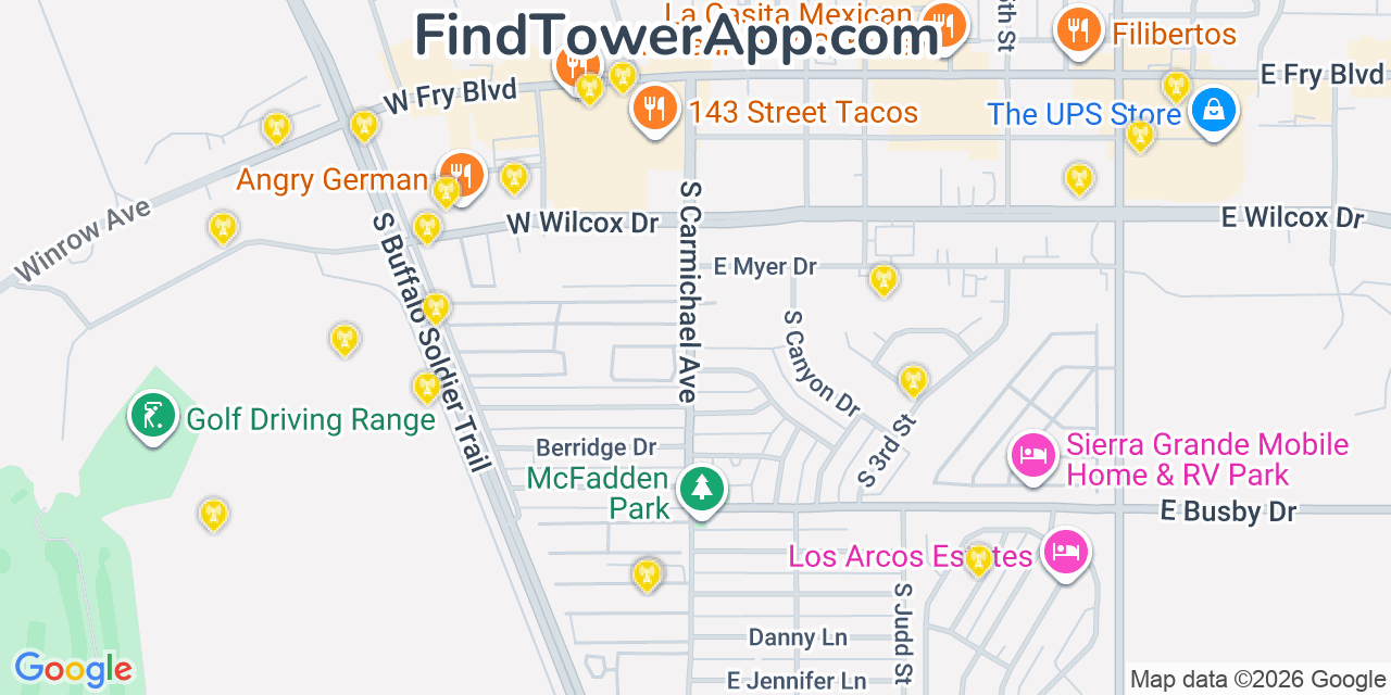 Map showing the 20 primary cell tower locations detected in Sierra Vista, Arizona from AT&T, Verizon, and T-Mobile networks