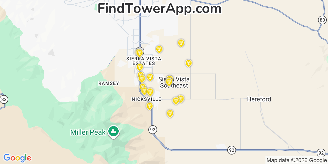 Map showing the 20 primary cell tower locations detected in Sierra Vista Southeast, Arizona from AT&T, Verizon, and T-Mobile networks