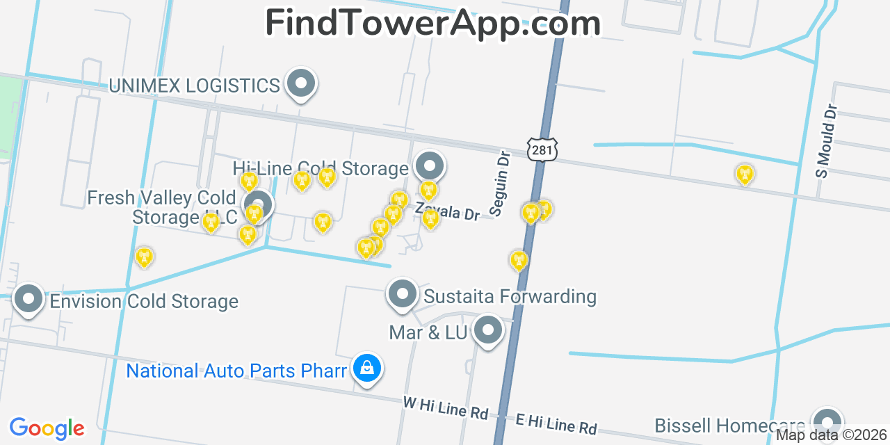 Map showing the 20 primary cell tower locations detected in Siesta Acres, Texas from AT&T, Verizon, and T-Mobile networks
