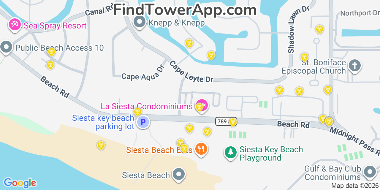 Map showing the 20 primary cell tower locations detected in Siesta Key, Florida from AT&T, Verizon, and T-Mobile networks