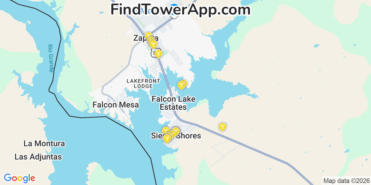 Map showing the 20 primary cell tower locations detected in Siesta Shores, Texas from AT&T, Verizon, and T-Mobile networks