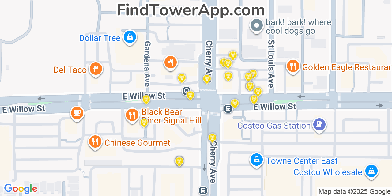 Map showing the 20 primary cell tower locations detected in Signal Hill, California from AT&T, Verizon, and T-Mobile networks