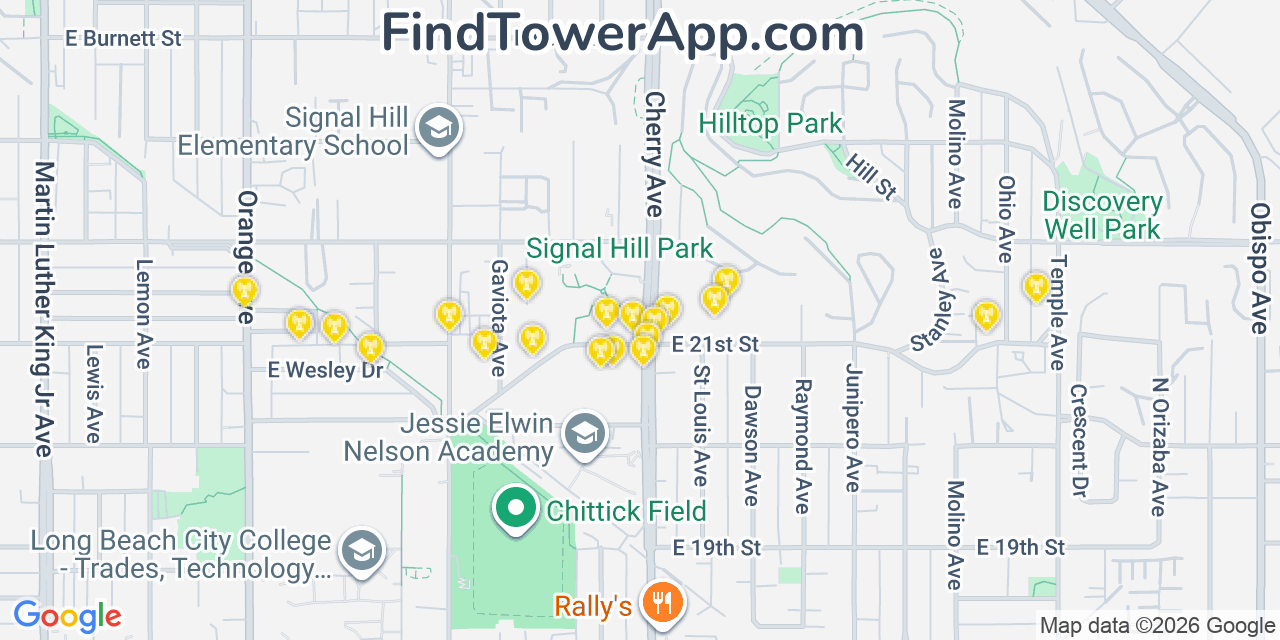 Map showing the 20 primary cell tower locations detected in Signal Hill, California from AT&T, Verizon, and T-Mobile networks