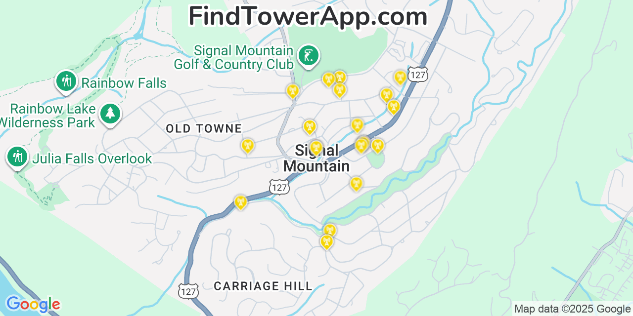 Map showing the 20 primary cell tower locations detected in Signal Mountain, Tennessee from AT&T, Verizon, and T-Mobile networks