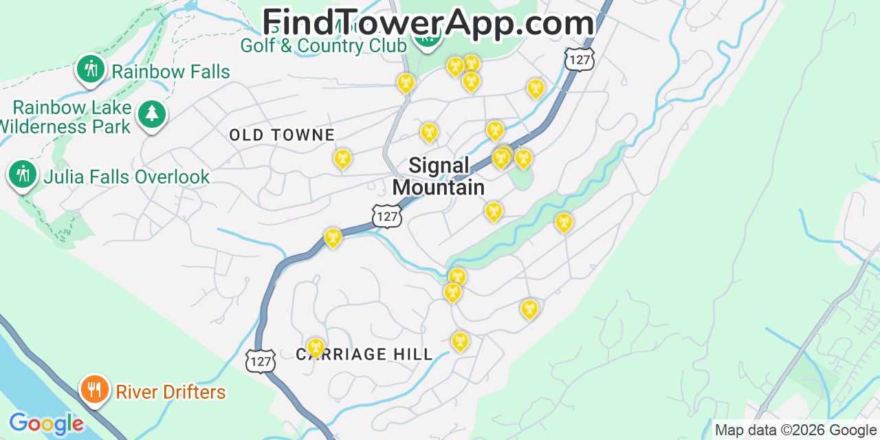Map showing the 20 primary cell tower locations detected in Signal Mountain, Tennessee from AT&T, Verizon, and T-Mobile networks