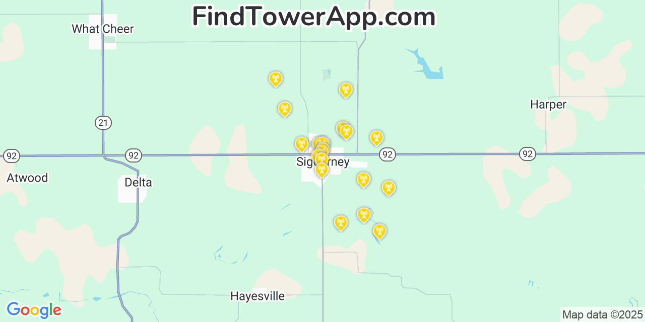 Map showing the 20 primary cell tower locations detected in Sigourney, Iowa from AT&T, Verizon, and T-Mobile networks