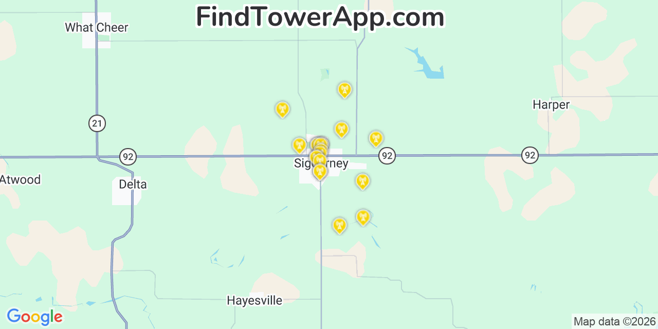 Map showing the 20 primary cell tower locations detected in Sigourney, Iowa from AT&T, Verizon, and T-Mobile networks