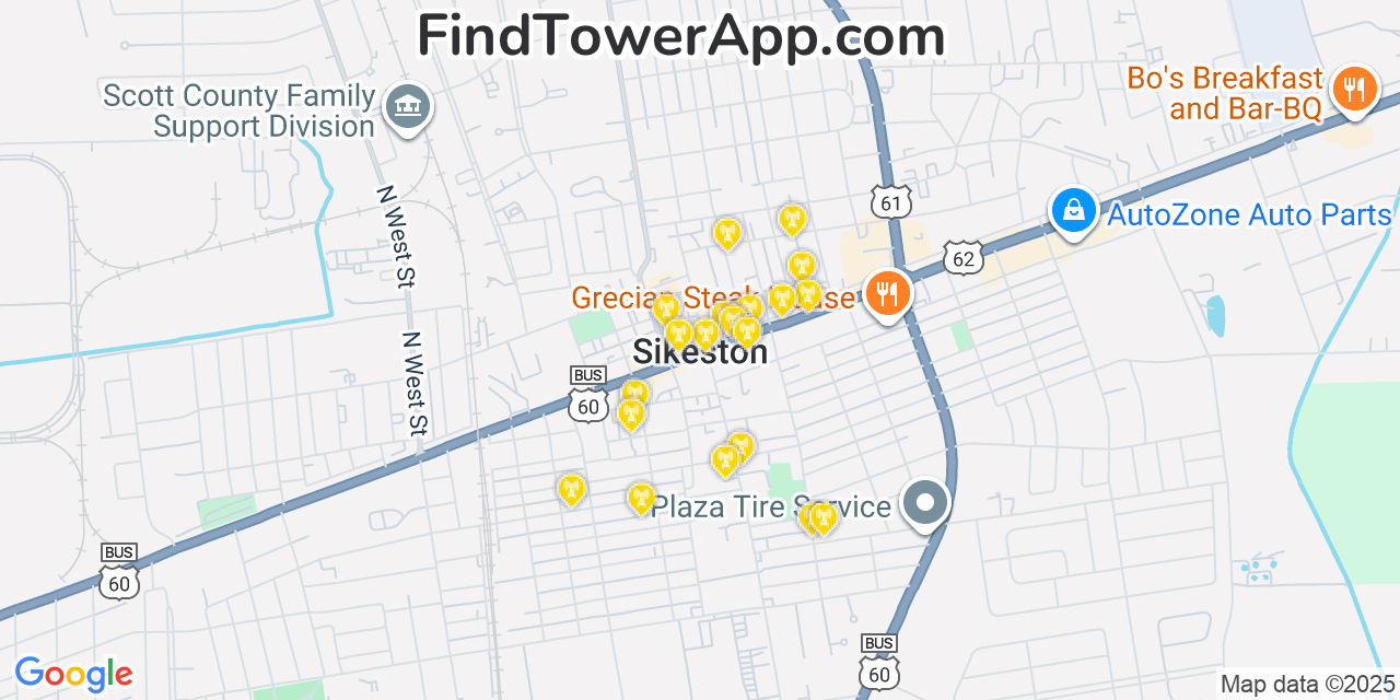 Map showing the 20 primary cell tower locations detected in Sikeston, Missouri from AT&T, Verizon, and T-Mobile networks