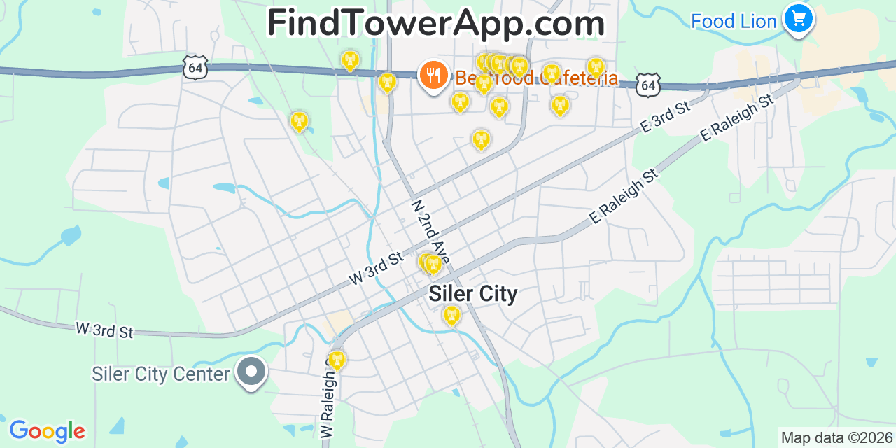 Map showing the 20 primary cell tower locations detected in Siler City, North Carolina from AT&T, Verizon, and T-Mobile networks