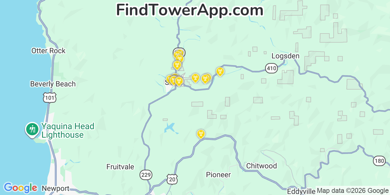 Map showing the 20 primary cell tower locations detected in Siletz, Oregon from AT&T, Verizon, and T-Mobile networks