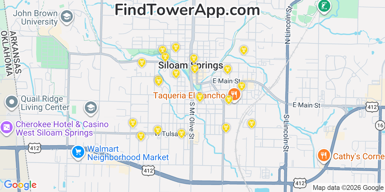 Map showing the 20 primary cell tower locations detected in Siloam Springs, Arkansas from AT&T, Verizon, and T-Mobile networks