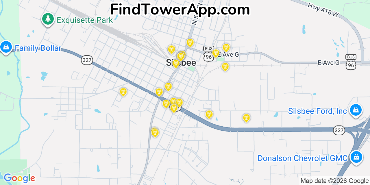 Map showing the 20 primary cell tower locations detected in Silsbee, Texas from AT&T, Verizon, and T-Mobile networks