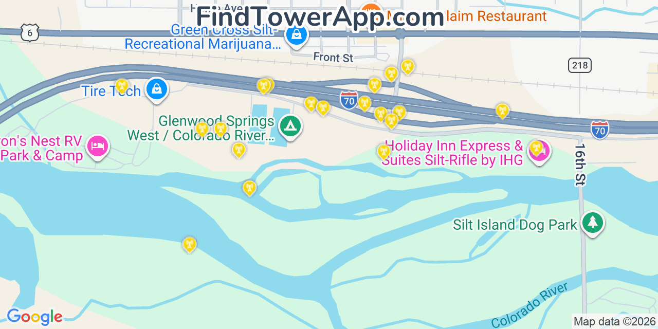 Map showing the 20 primary cell tower locations detected in Silt, Colorado from AT&T, Verizon, and T-Mobile networks