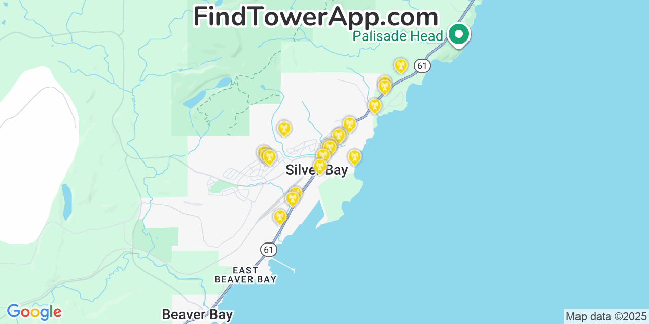 Map showing the 20 primary cell tower locations detected in Silver Bay, Minnesota from AT&T, Verizon, and T-Mobile networks