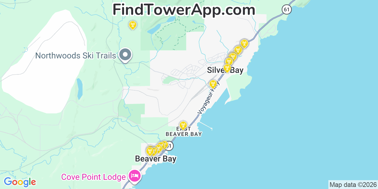 Map showing the 20 primary cell tower locations detected in Silver Bay, Minnesota from AT&T, Verizon, and T-Mobile networks