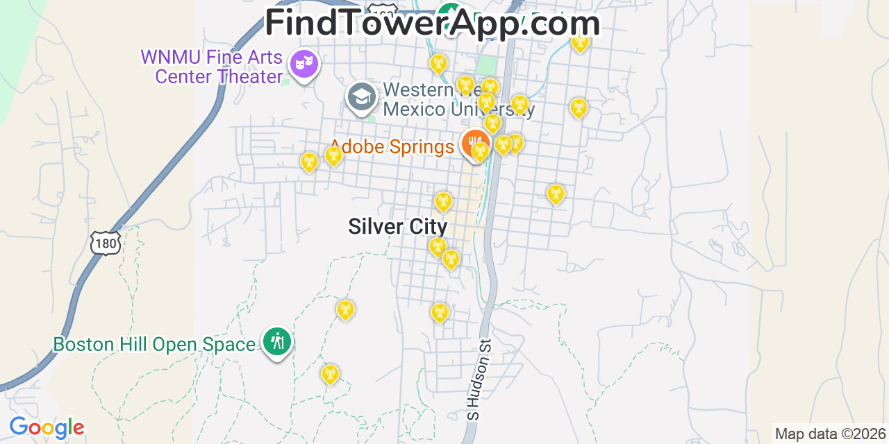 Map showing the 20 primary cell tower locations detected in Silver City, New Mexico from AT&T, Verizon, and T-Mobile networks