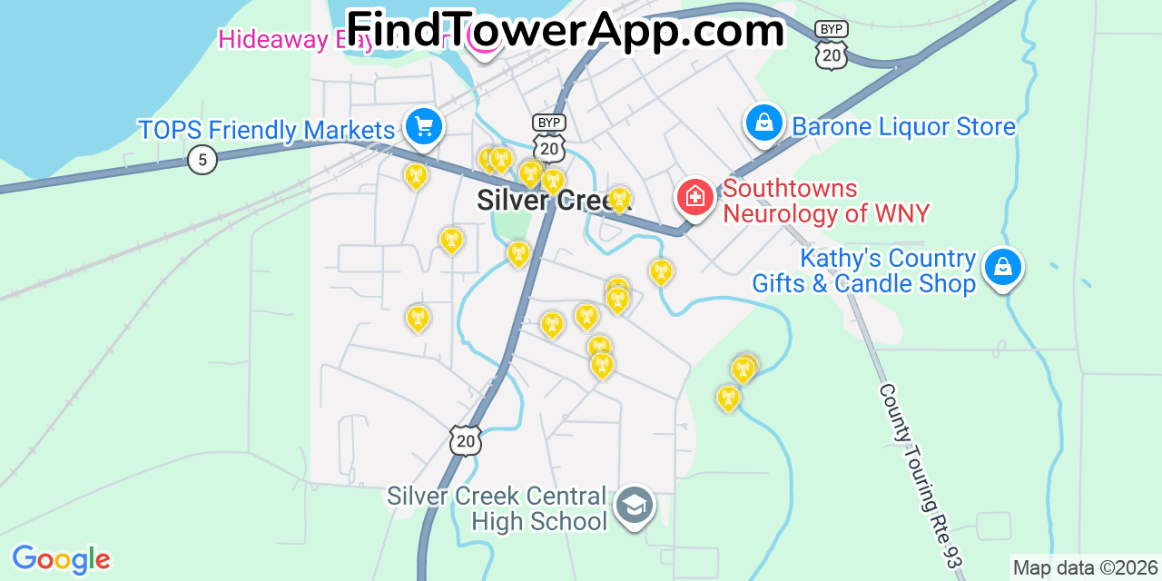 Map showing the 20 primary cell tower locations detected in Silver Creek, New York from AT&T, Verizon, and T-Mobile networks