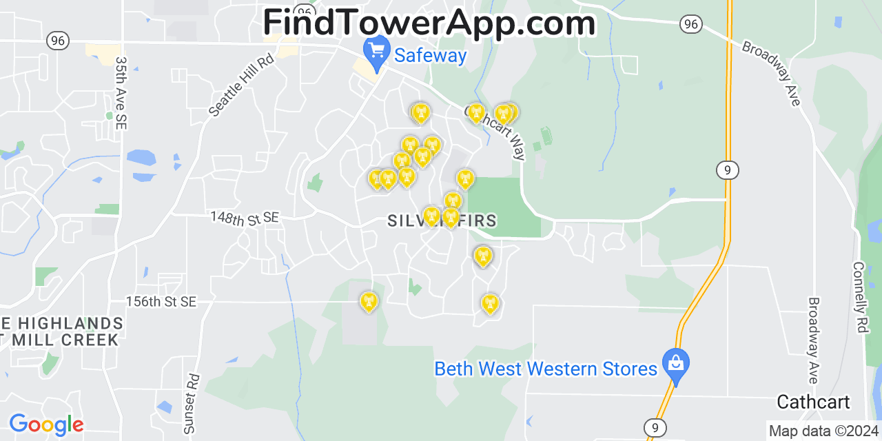 AT&T 4G/5G cell tower coverage map Silver Firs, Washington