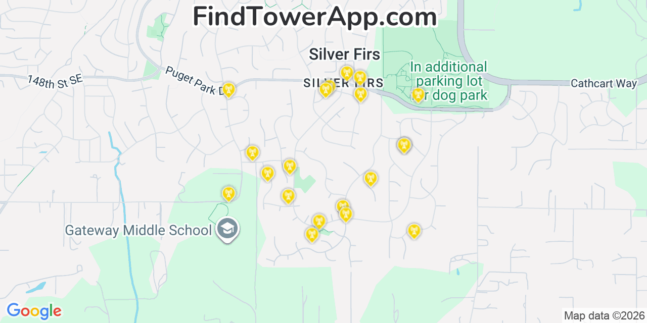 Map showing the 20 primary cell tower locations detected in Silver Firs, Washington from AT&T, Verizon, and T-Mobile networks