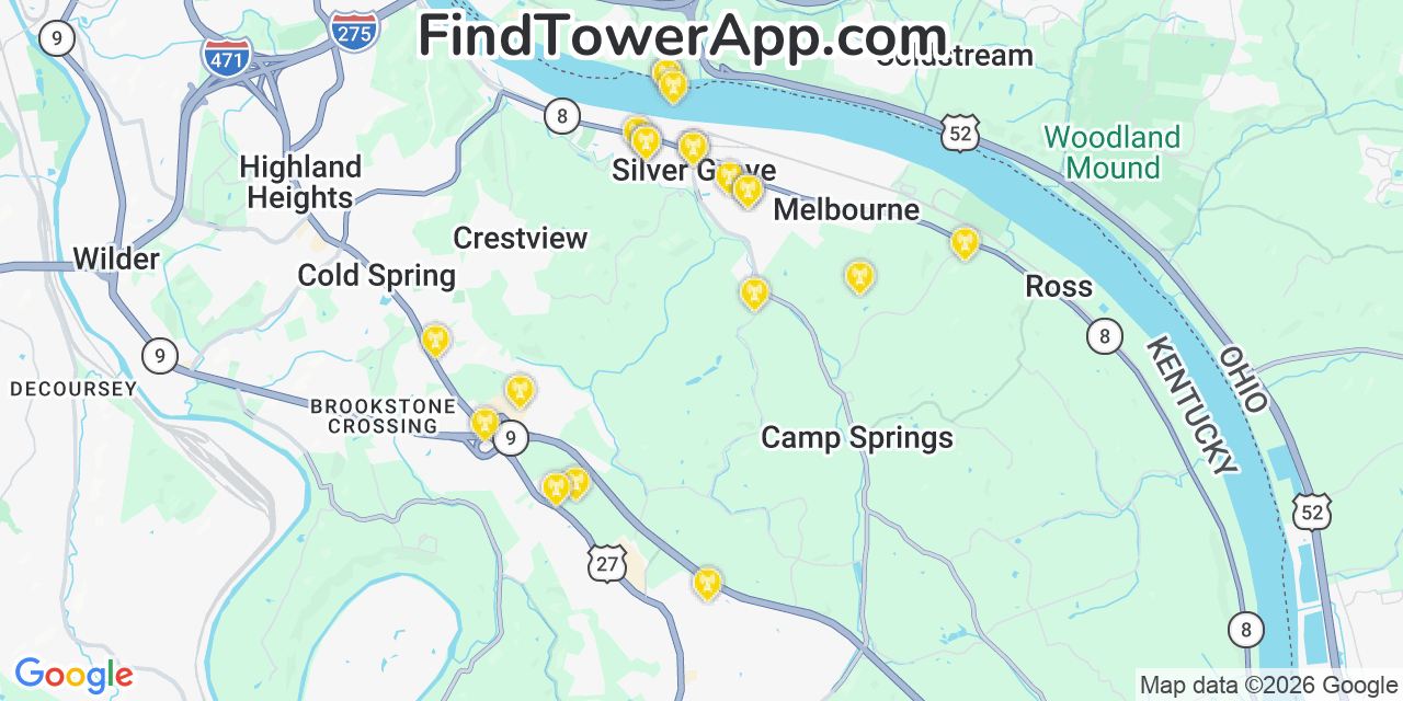 Map showing the 20 primary cell tower locations detected in Silver Grove, Kentucky from AT&T, Verizon, and T-Mobile networks