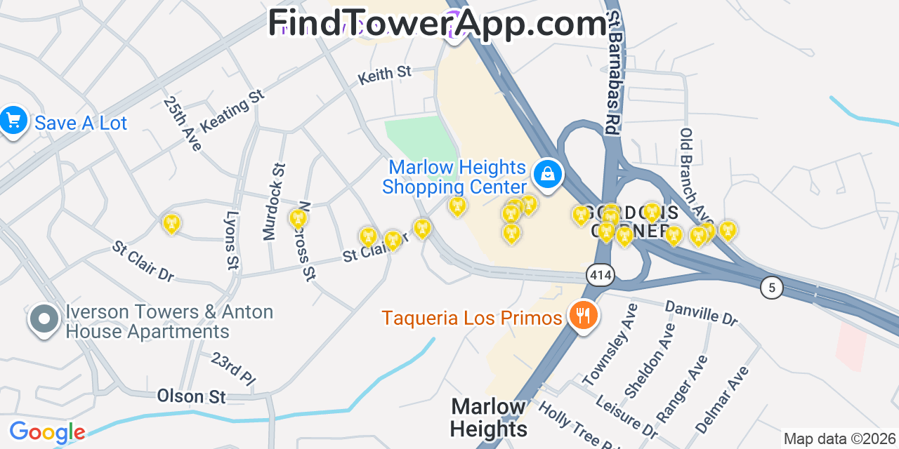 Map showing the 20 primary cell tower locations detected in Silver Hill, Maryland from AT&T, Verizon, and T-Mobile networks