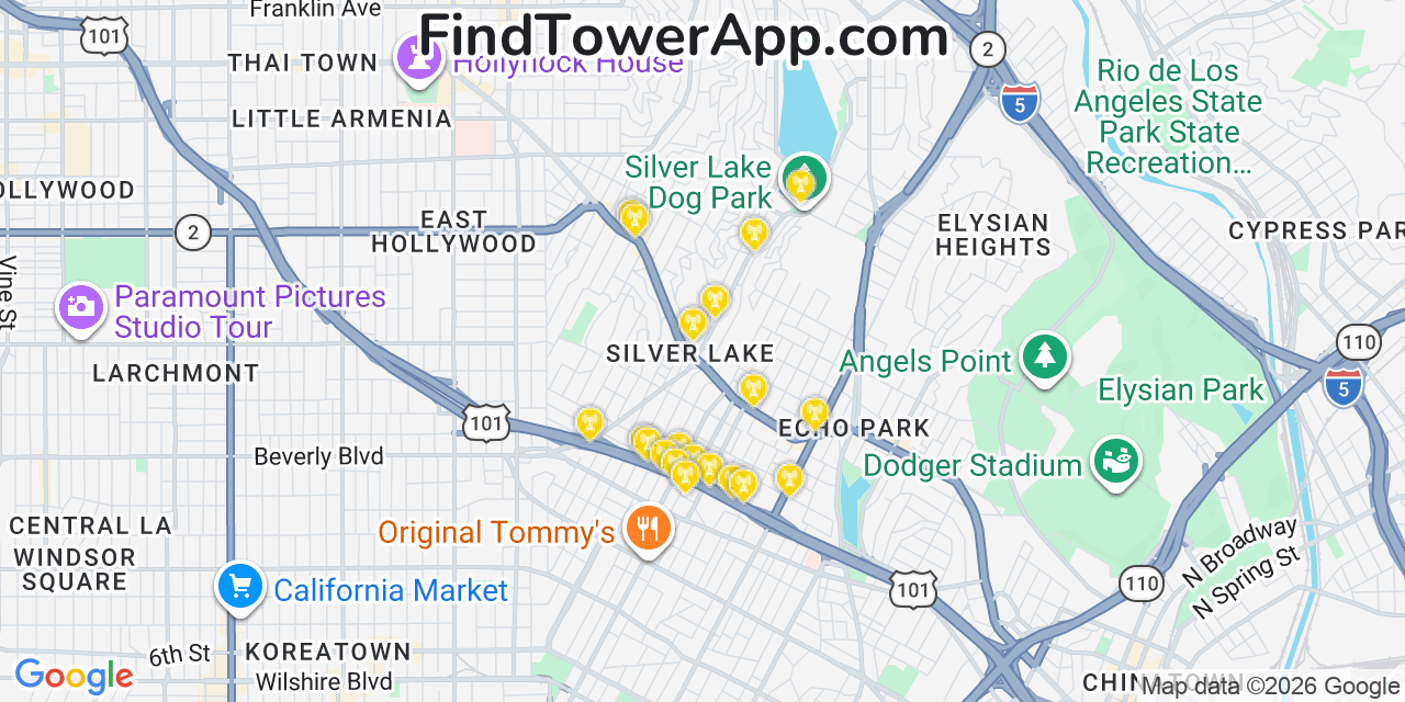 Map showing the 20 primary cell tower locations detected in Silver Lake, California from AT&T, Verizon, and T-Mobile networks