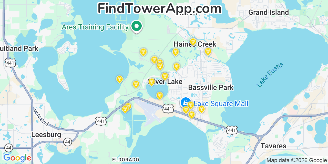 Map showing the 20 primary cell tower locations detected in Silver Lake, Florida from AT&T, Verizon, and T-Mobile networks