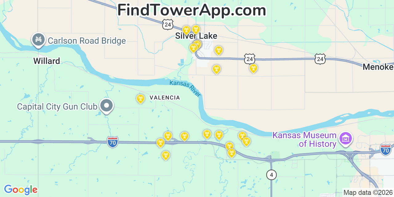 Map showing the 20 primary cell tower locations detected in Silver Lake, Kansas from AT&T, Verizon, and T-Mobile networks