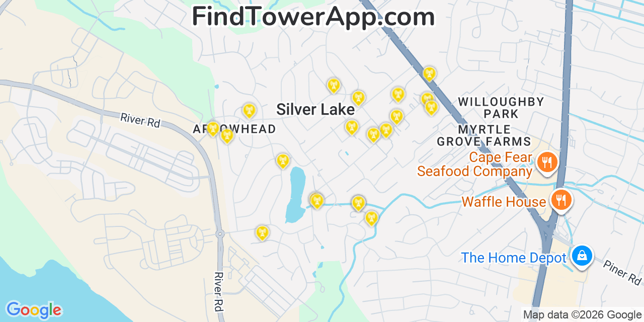 Map showing the 20 primary cell tower locations detected in Silver Lake, North Carolina from AT&T, Verizon, and T-Mobile networks