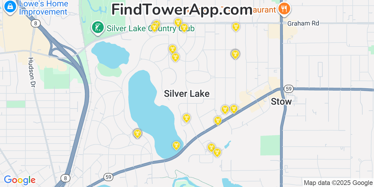 Map showing the 20 primary cell tower locations detected in Silver Lake, Ohio from AT&T, Verizon, and T-Mobile networks