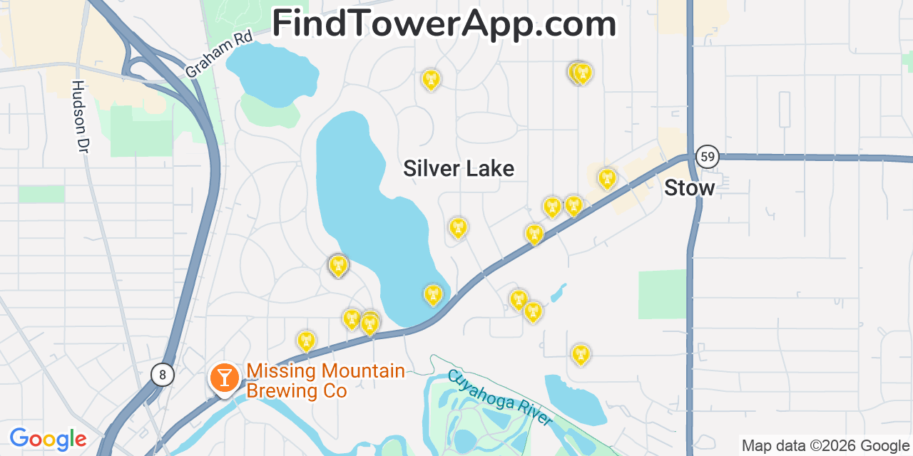 Map showing the 20 primary cell tower locations detected in Silver Lake, Ohio from AT&T, Verizon, and T-Mobile networks
