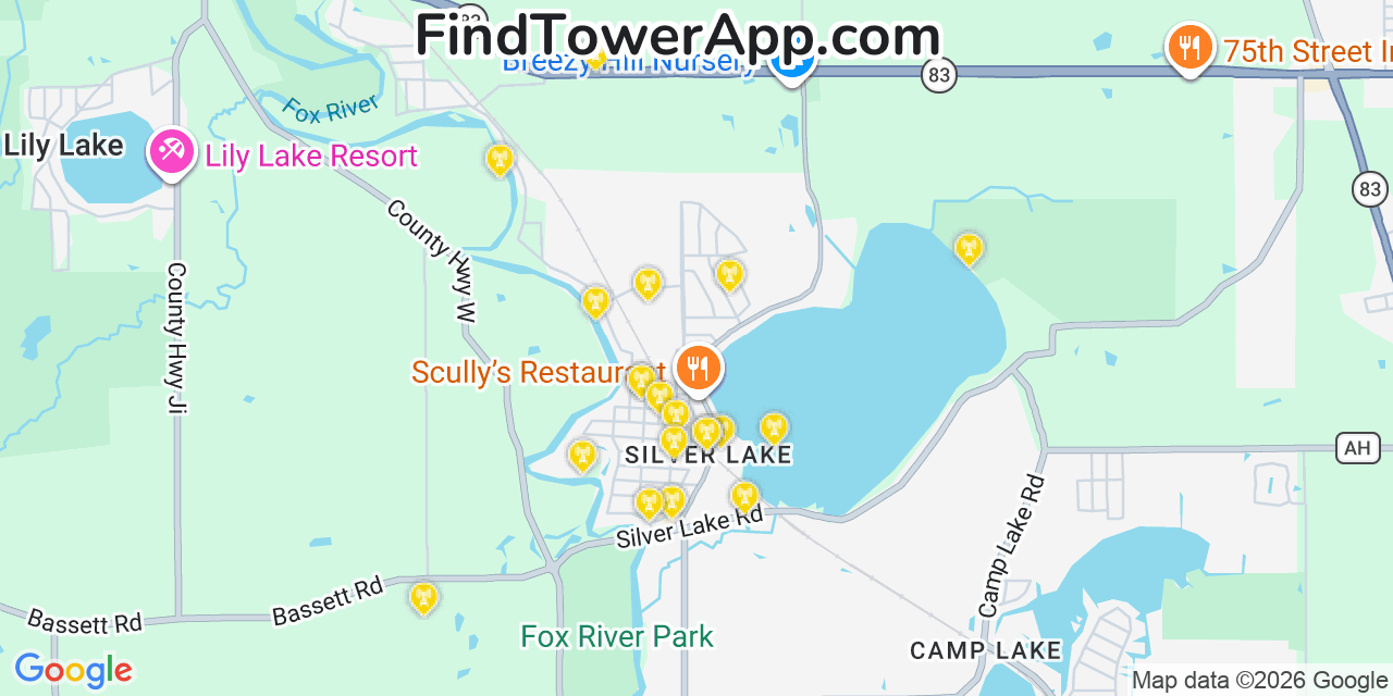 Map showing the 20 primary cell tower locations detected in Silver Lake, Wisconsin from AT&T, Verizon, and T-Mobile networks
