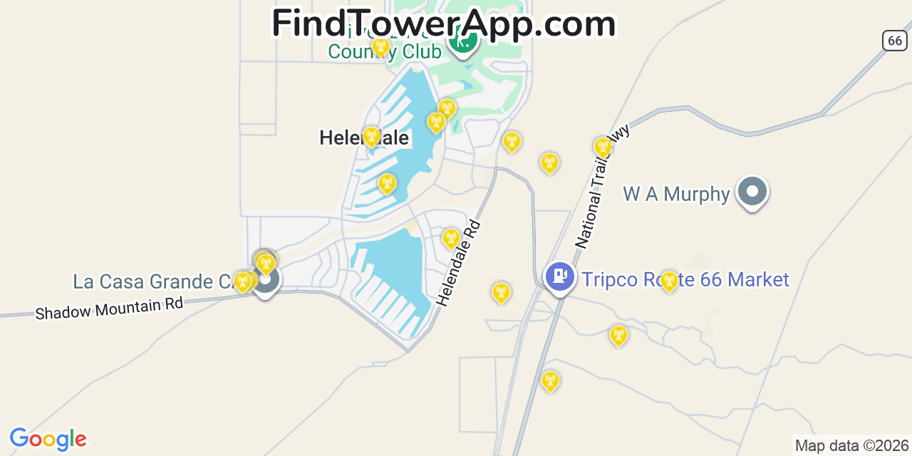 Map showing the 20 primary cell tower locations detected in Silver Lakes, California from AT&T, Verizon, and T-Mobile networks