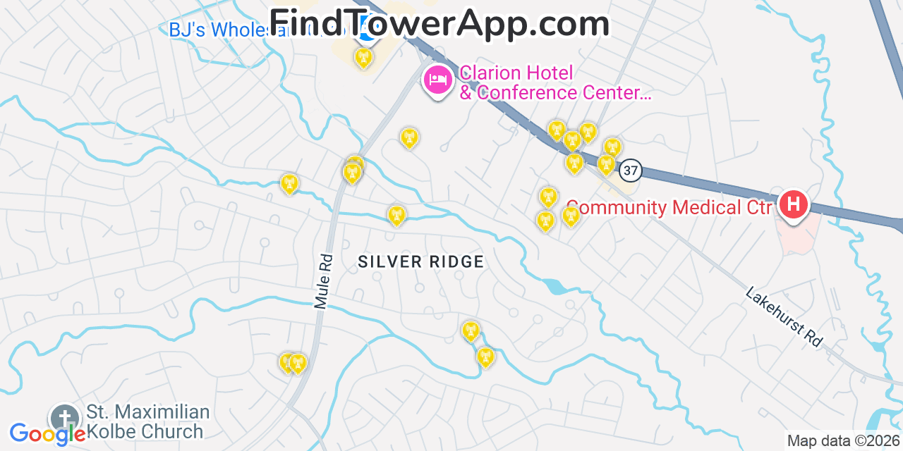 Map showing the 20 primary cell tower locations detected in Silver Ridge, New Jersey from AT&T, Verizon, and T-Mobile networks