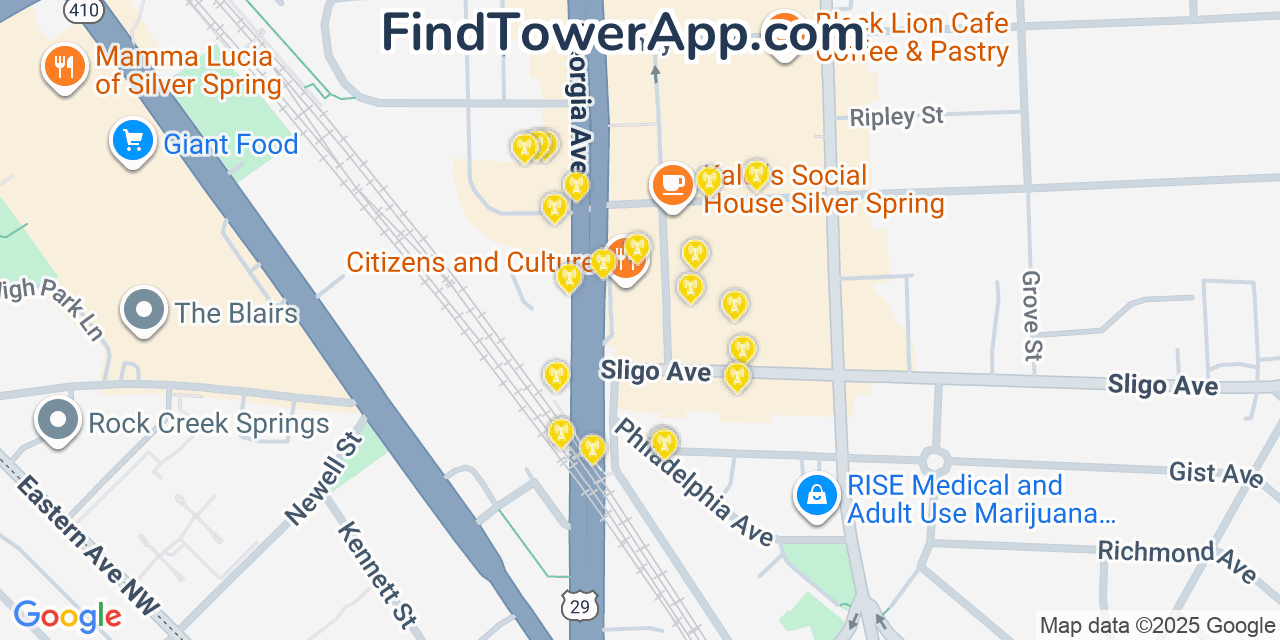 Map showing the 20 primary cell tower locations detected in Silver Spring, Maryland from AT&T, Verizon, and T-Mobile networks