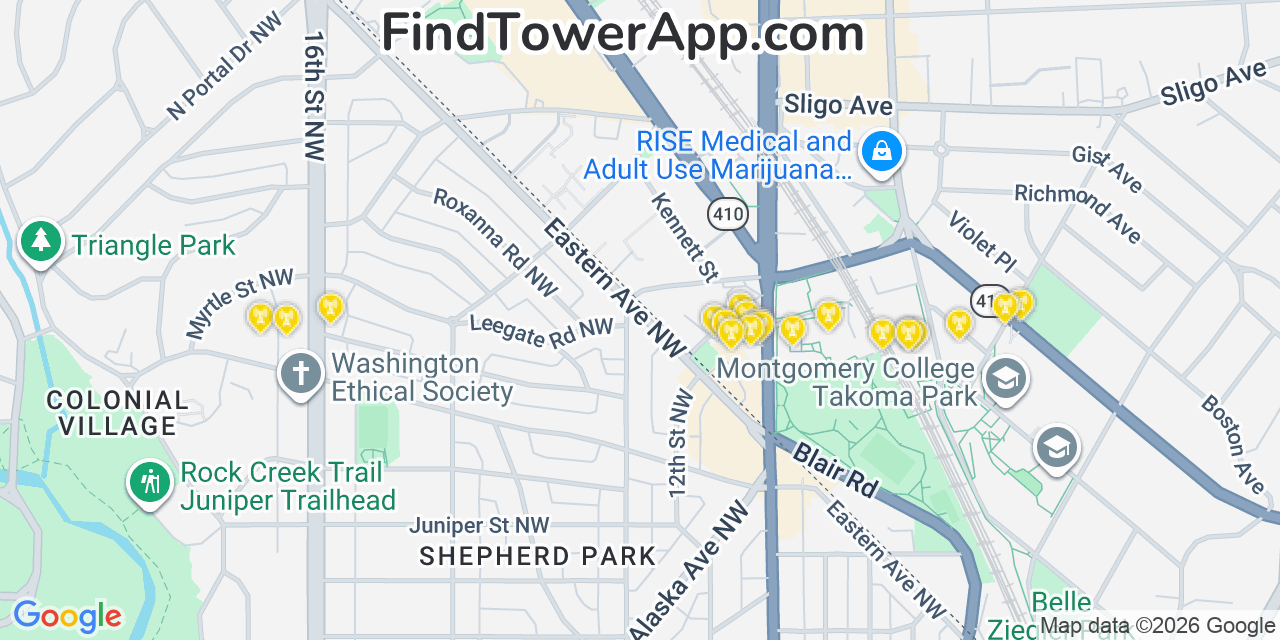Map showing the 20 primary cell tower locations detected in Silver Spring, Maryland from AT&T, Verizon, and T-Mobile networks