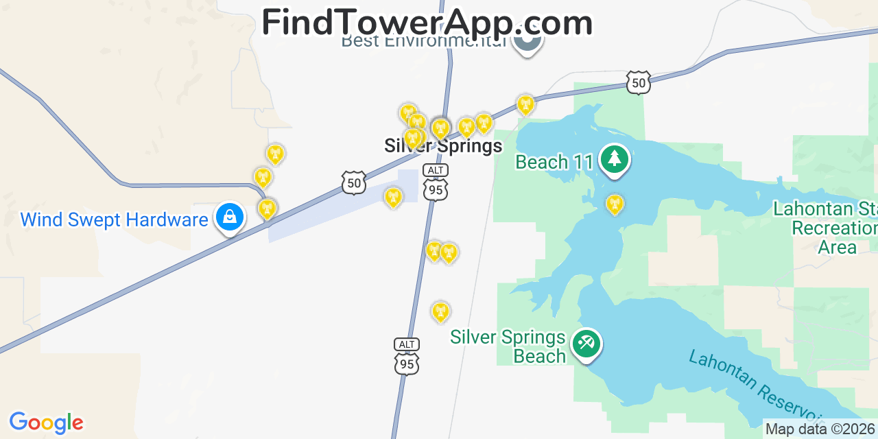 Map showing the 20 primary cell tower locations detected in Silver Springs, Nevada from AT&T, Verizon, and T-Mobile networks