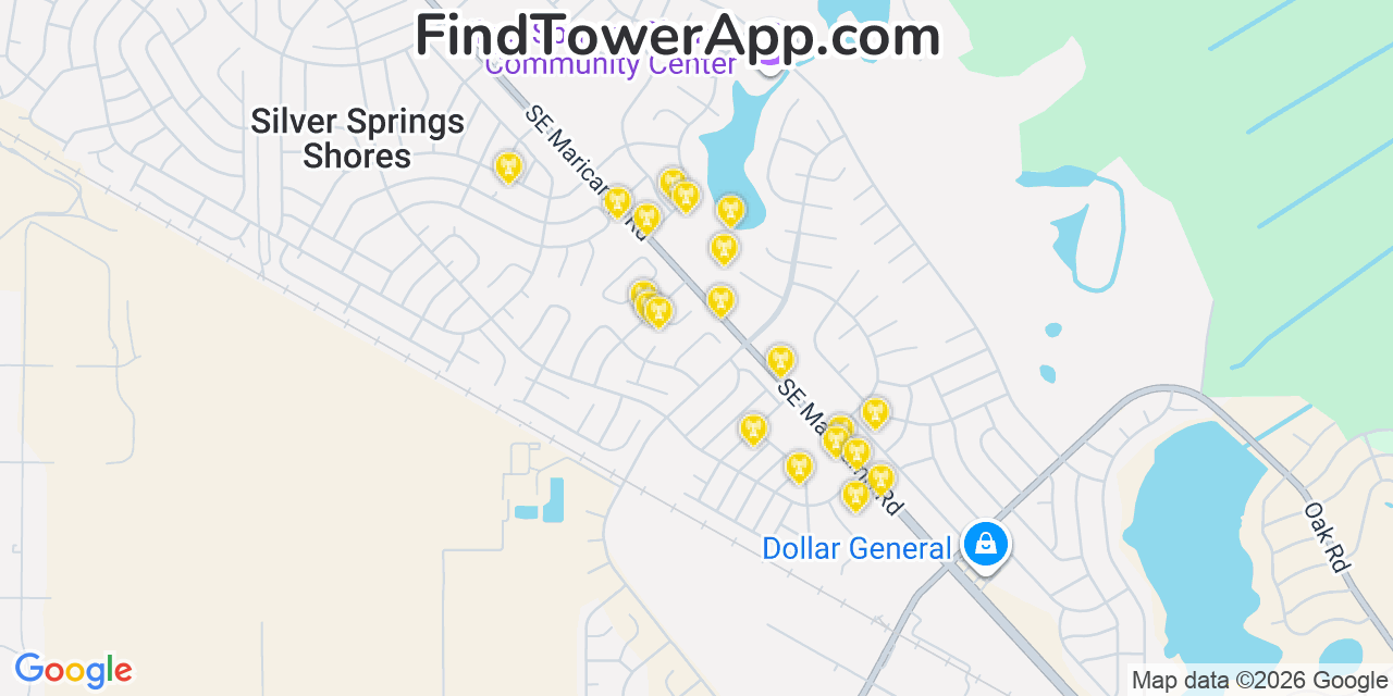 Map showing the 20 primary cell tower locations detected in Silver Springs Shores, Florida from AT&T, Verizon, and T-Mobile networks