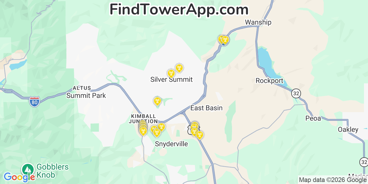 Map showing the 20 primary cell tower locations detected in Silver Summit, Utah from AT&T, Verizon, and T-Mobile networks