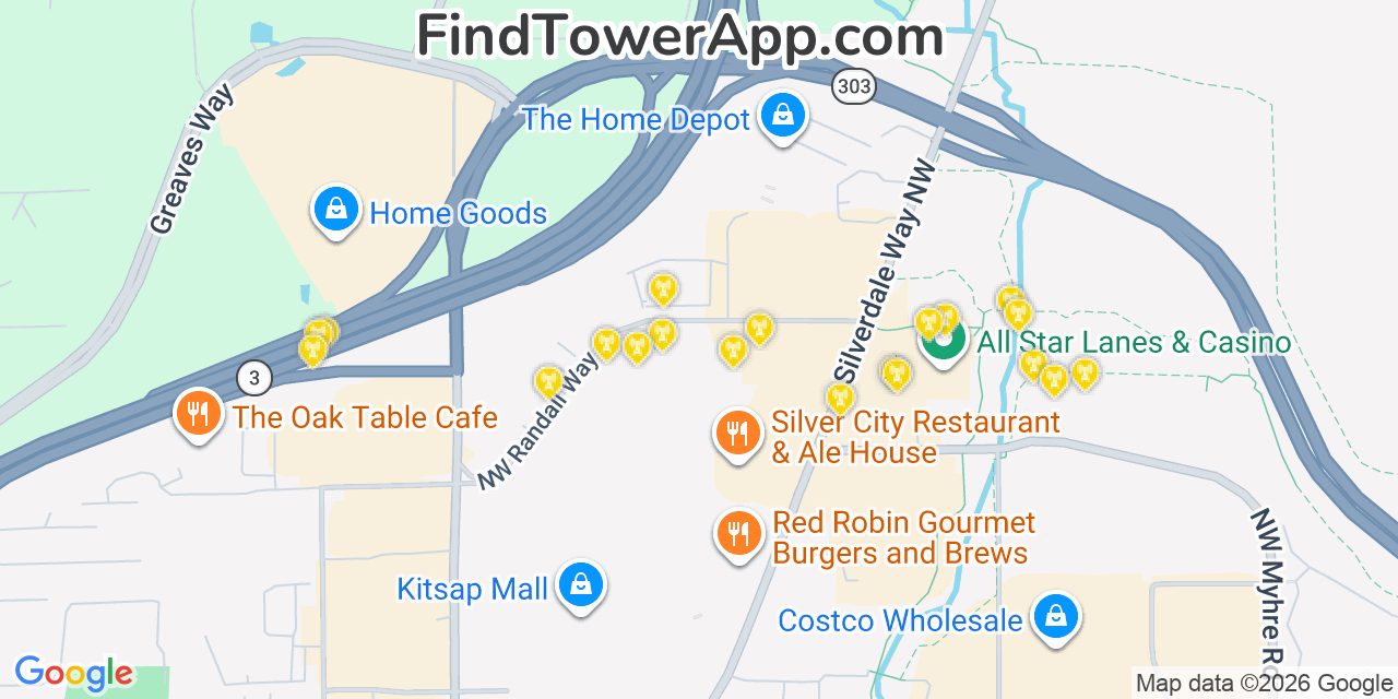 Map showing the 20 primary cell tower locations detected in Silverdale, Washington from AT&T, Verizon, and T-Mobile networks