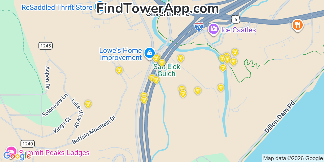 Map showing the 20 primary cell tower locations detected in Silverthorne, Colorado from AT&T, Verizon, and T-Mobile networks