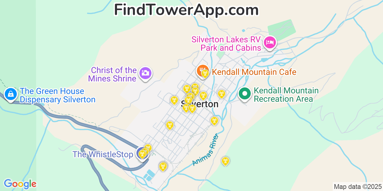 Map showing the 20 primary cell tower locations detected in Silverton, Colorado from AT&T, Verizon, and T-Mobile networks