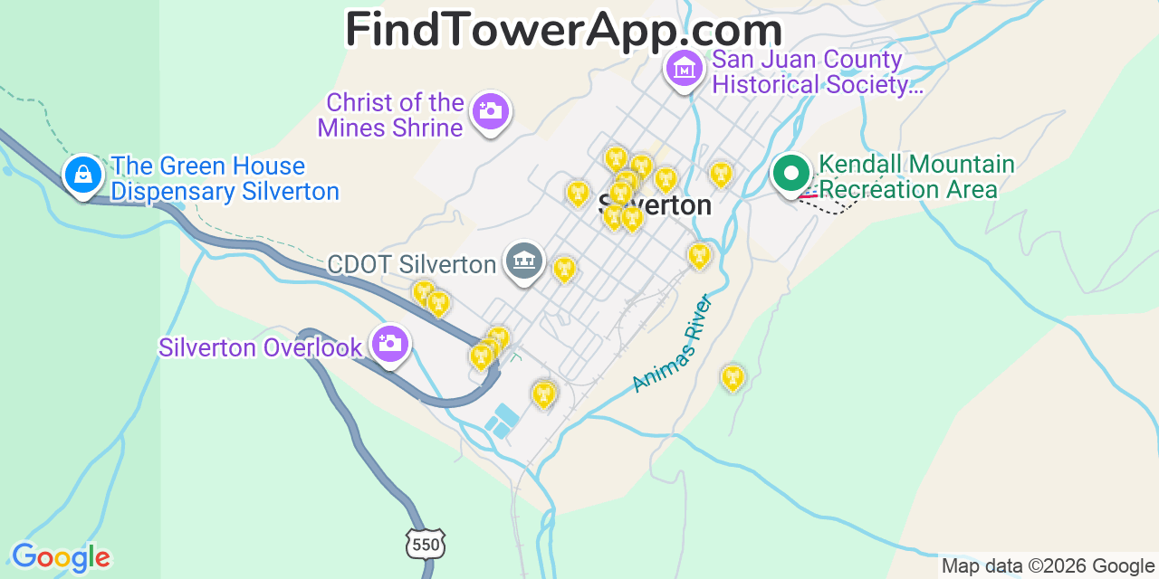 Map showing the 20 primary cell tower locations detected in Silverton, Colorado from AT&T, Verizon, and T-Mobile networks
