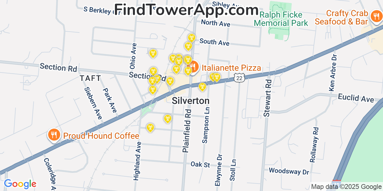 Map showing the 20 primary cell tower locations detected in Silverton, Ohio from AT&T, Verizon, and T-Mobile networks