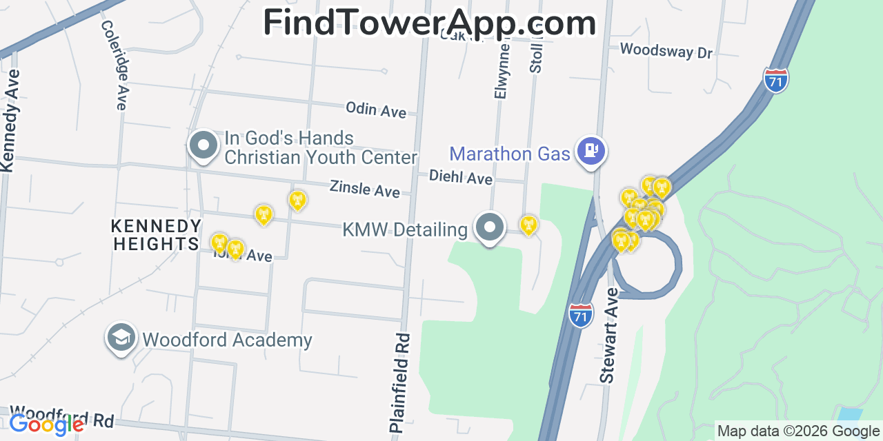 Map showing the 20 primary cell tower locations detected in Silverton, Ohio from AT&T, Verizon, and T-Mobile networks