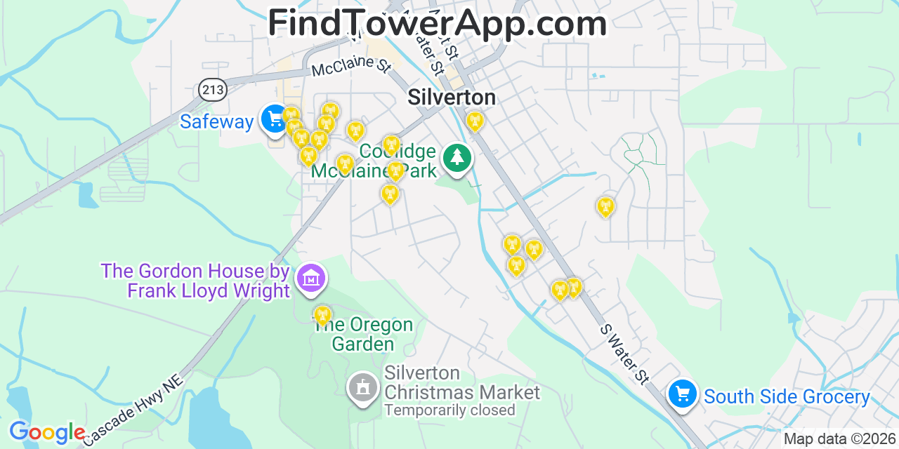 Map showing the 20 primary cell tower locations detected in Silverton, Oregon from AT&T, Verizon, and T-Mobile networks