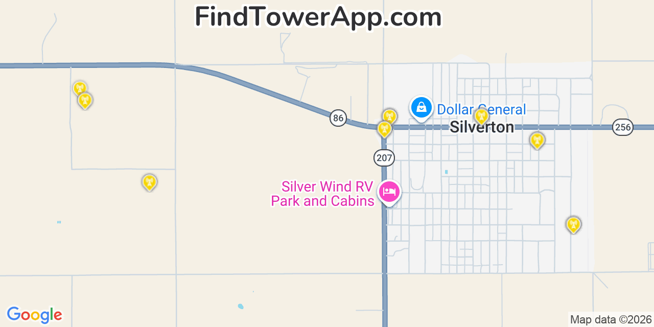 Map showing the 20 primary cell tower locations detected in Silverton, Texas from AT&T, Verizon, and T-Mobile networks